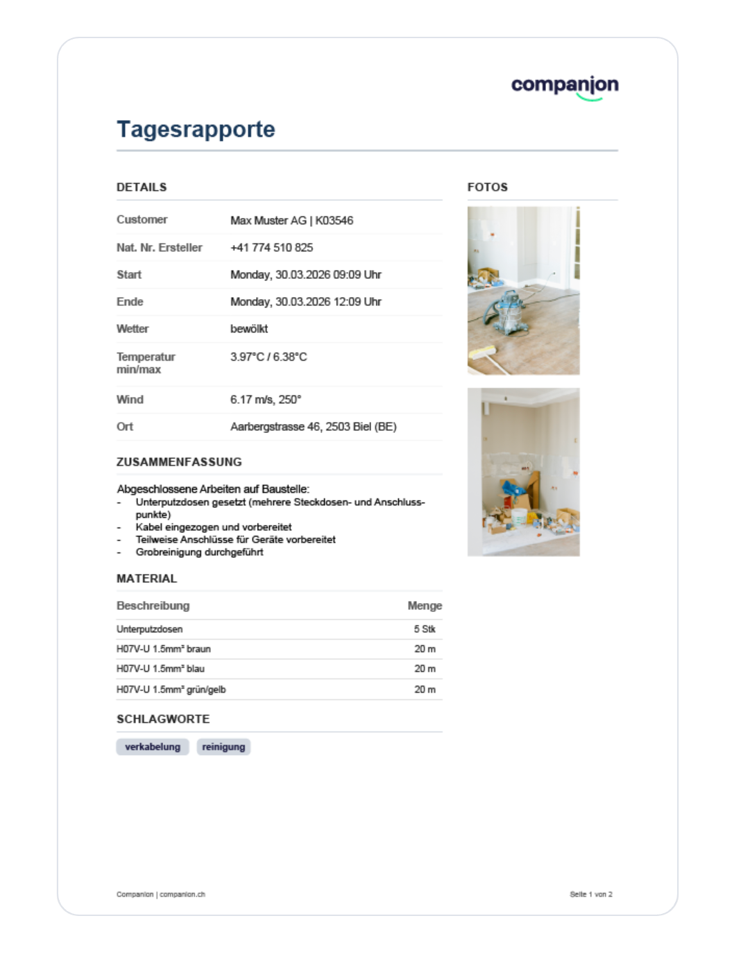 Fertiger PDF-Tagesrapport von Companion mit Zusammenfassung, Material und Fotos