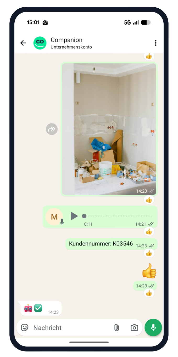 WhatsApp-Chat mit Baustellenfoto, Sprachnachricht und Kundennummer